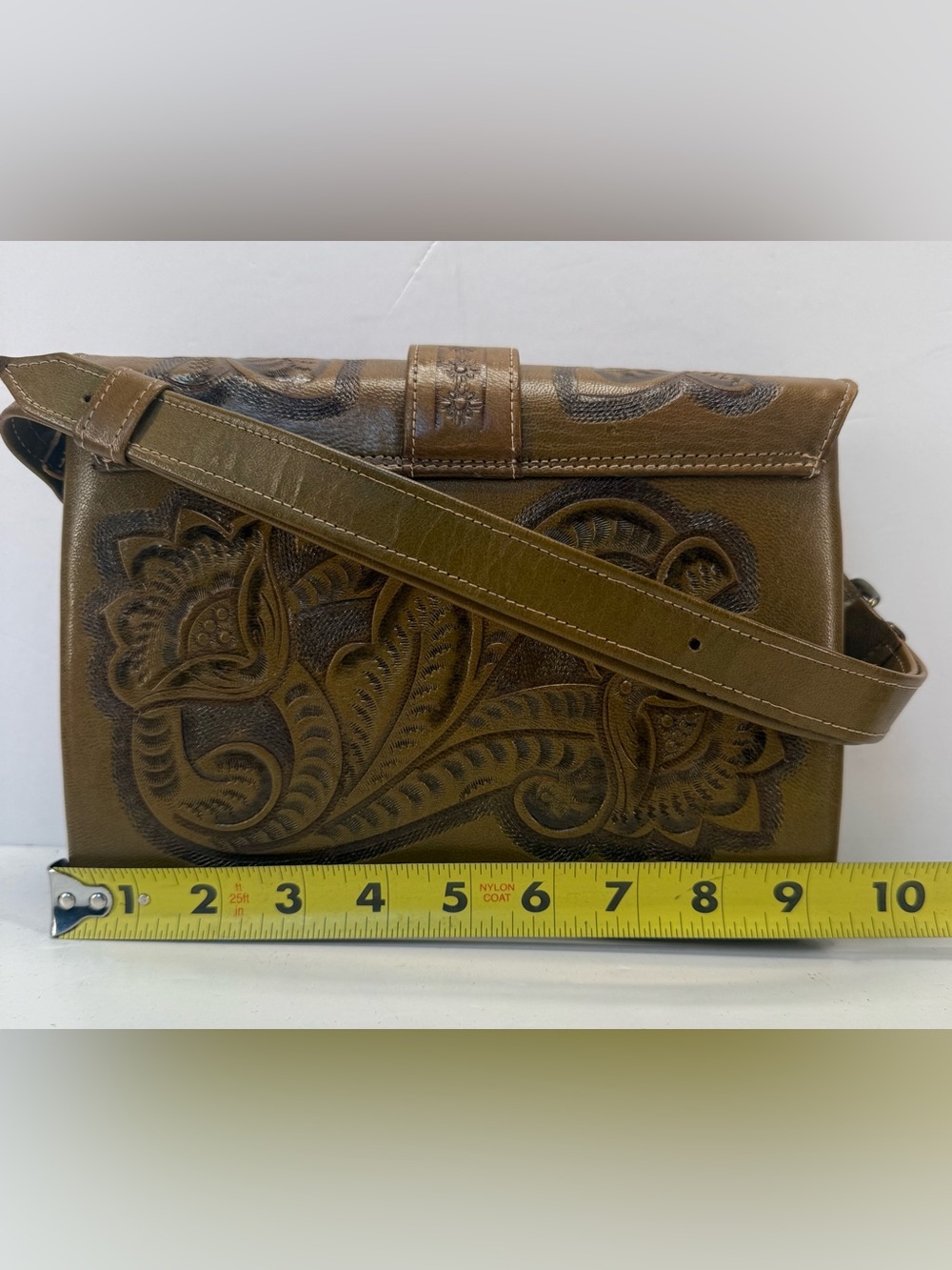 Vintage Flores Hand-Tooled Brown/green Leather accordion style shoulder Bag - Picture 3 of 16